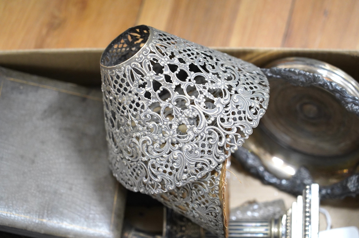 Four silver and enamelled dressing table items, three silver mounted toilet jars and minor plated wares. Condition - poor to fair